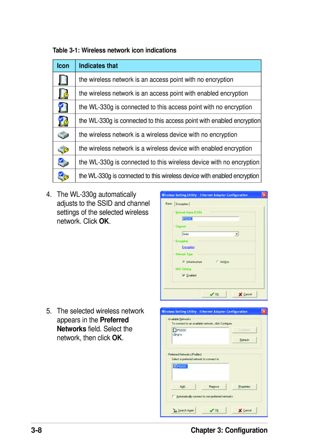 Asus WL-330G manual Wireless network icon indications Icon Indicates that 