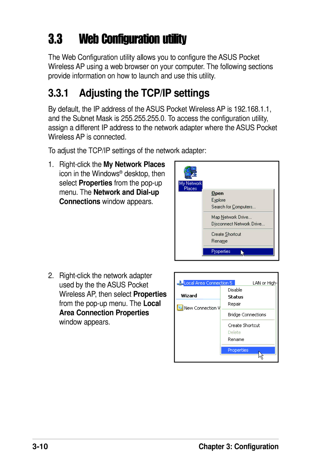 Asus WL-330G manual Web Configuration utility, Adjusting the TCP/IP settings 