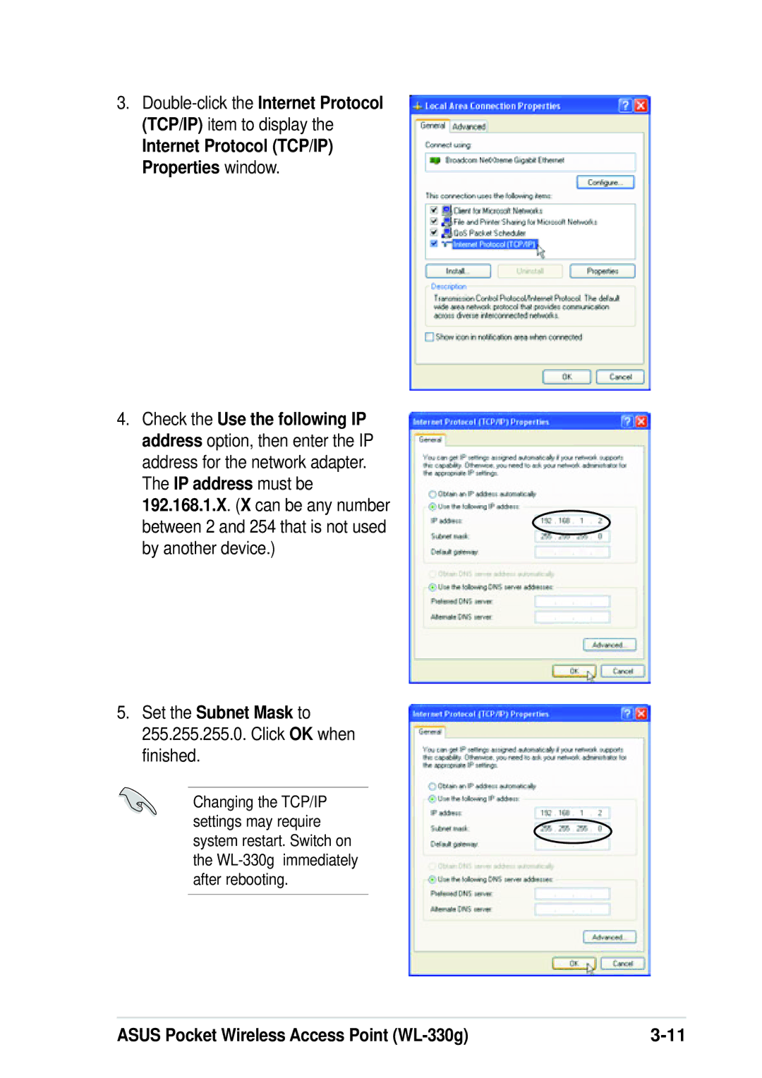 Asus WL-330G manual Set the Subnet Mask to 255.255.255.0. Click OK when finished 