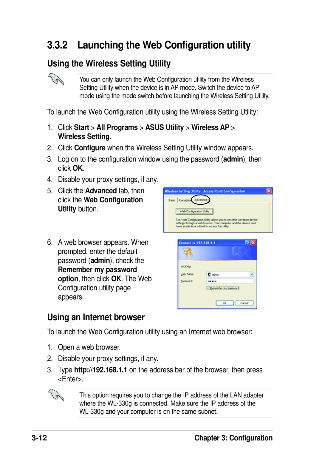 Asus WL-330G manual Launching the Web Configuration utility, Using the Wireless Setting Utility, Using an Internet browser 