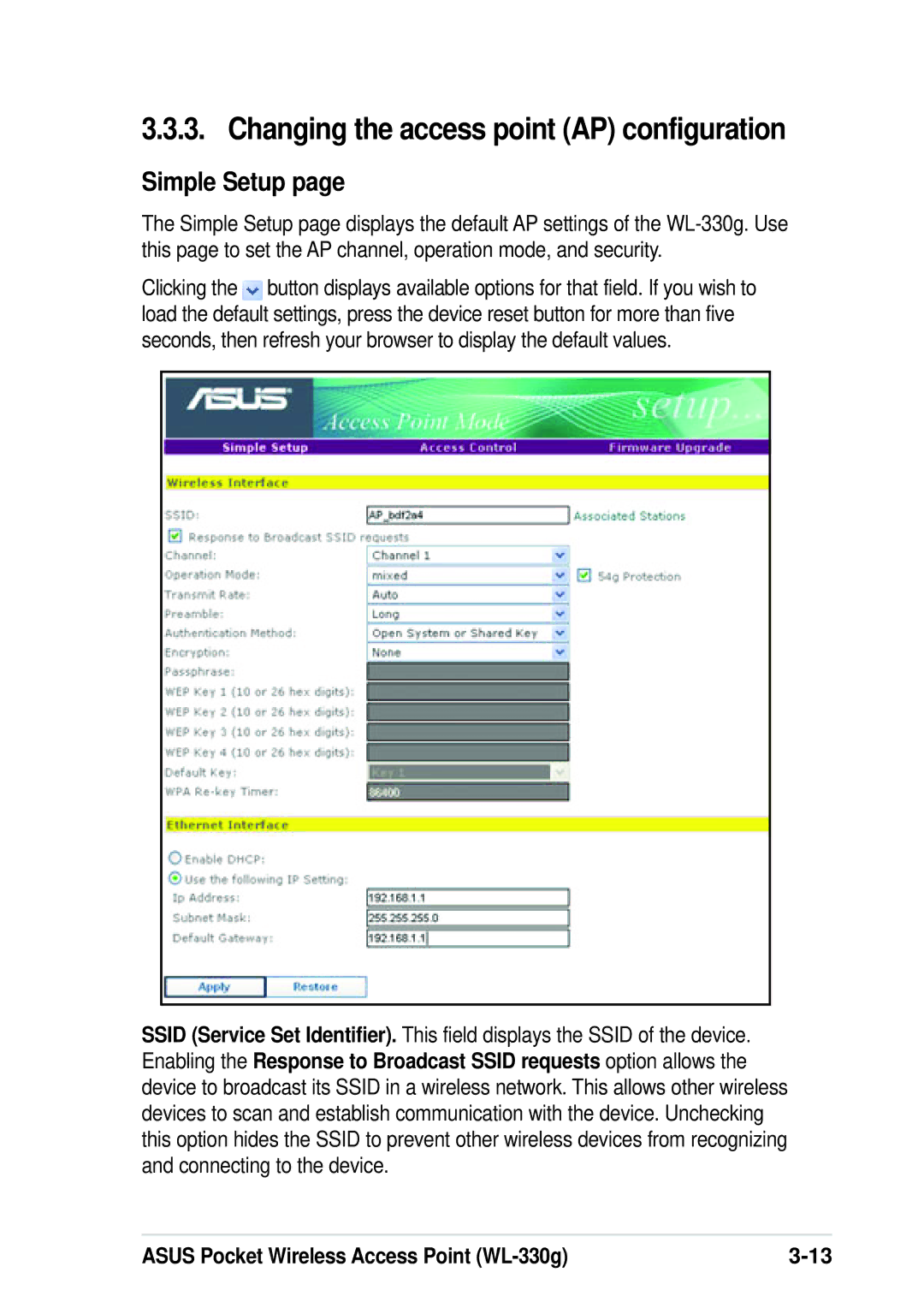 Asus WL-330G manual Changing the access point AP configuration, Simple Setup 