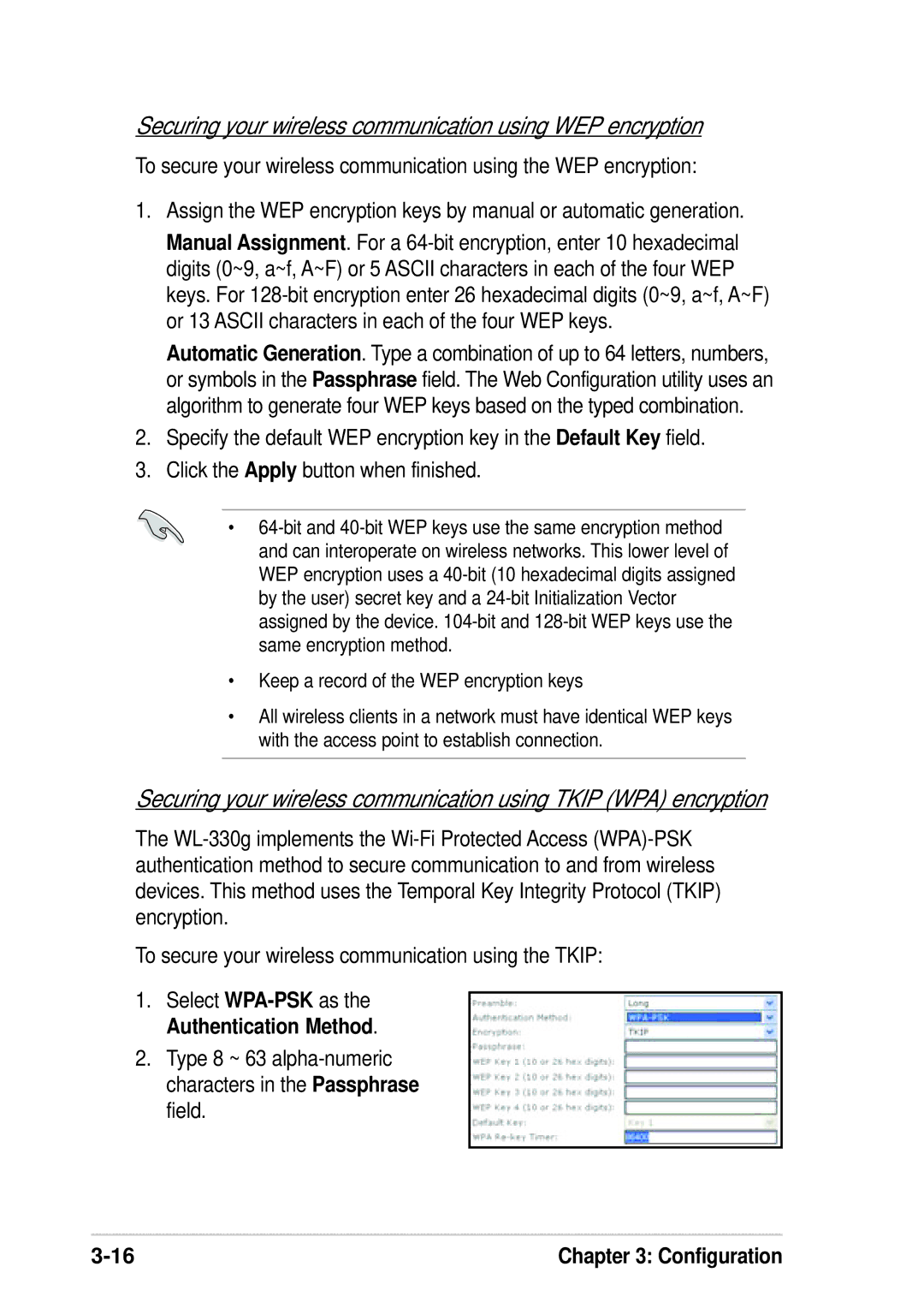 Asus WL-330G manual Securing your wireless communication using WEP encryption 