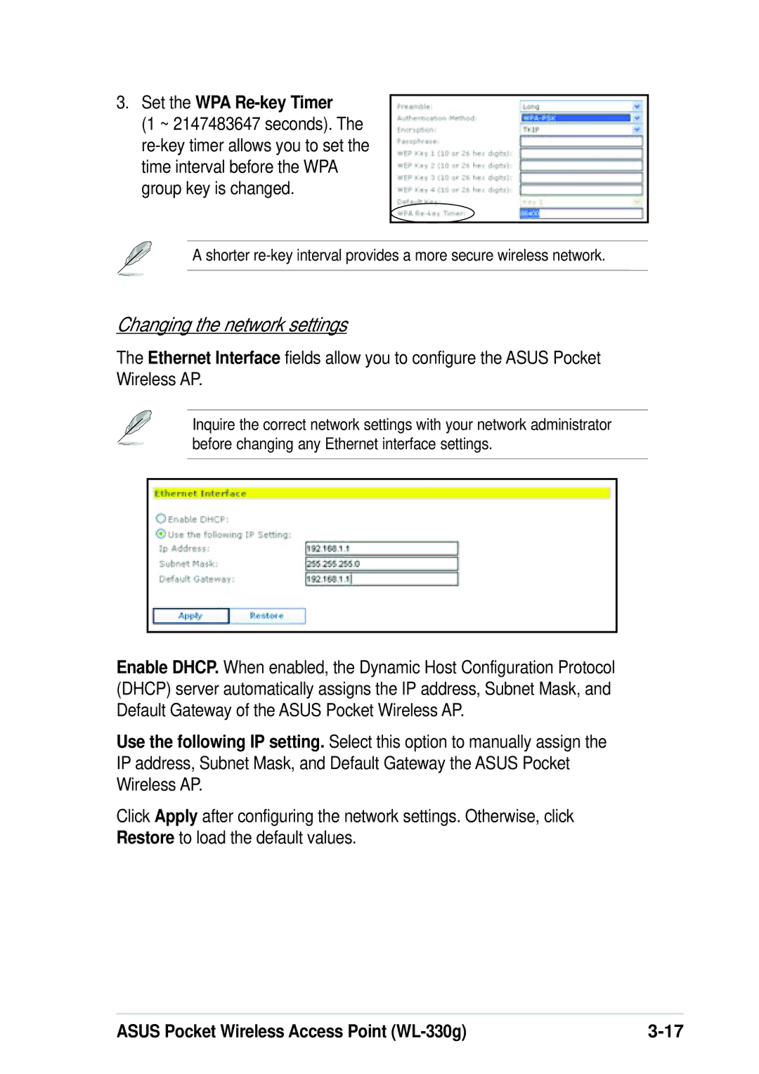 Asus WL-330G manual Changing the network settings 