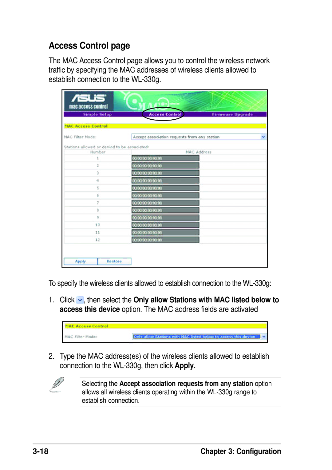 Asus WL-330G manual Access Control 