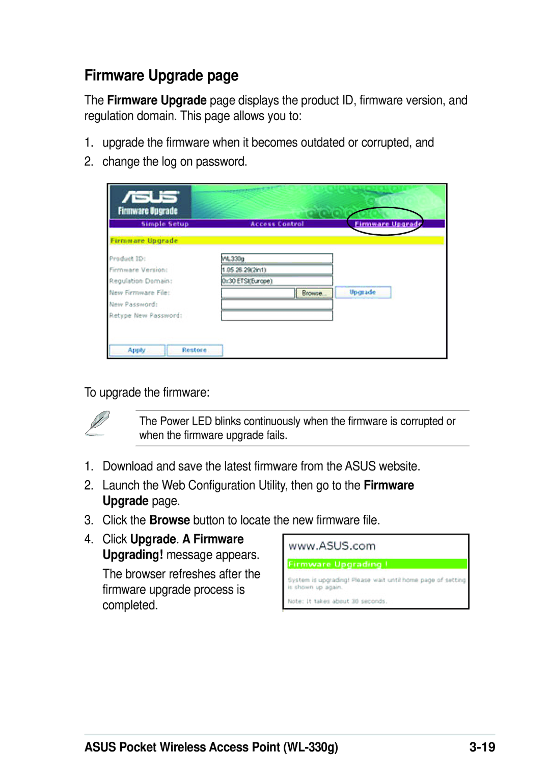 Asus WL-330G manual Firmware Upgrade 