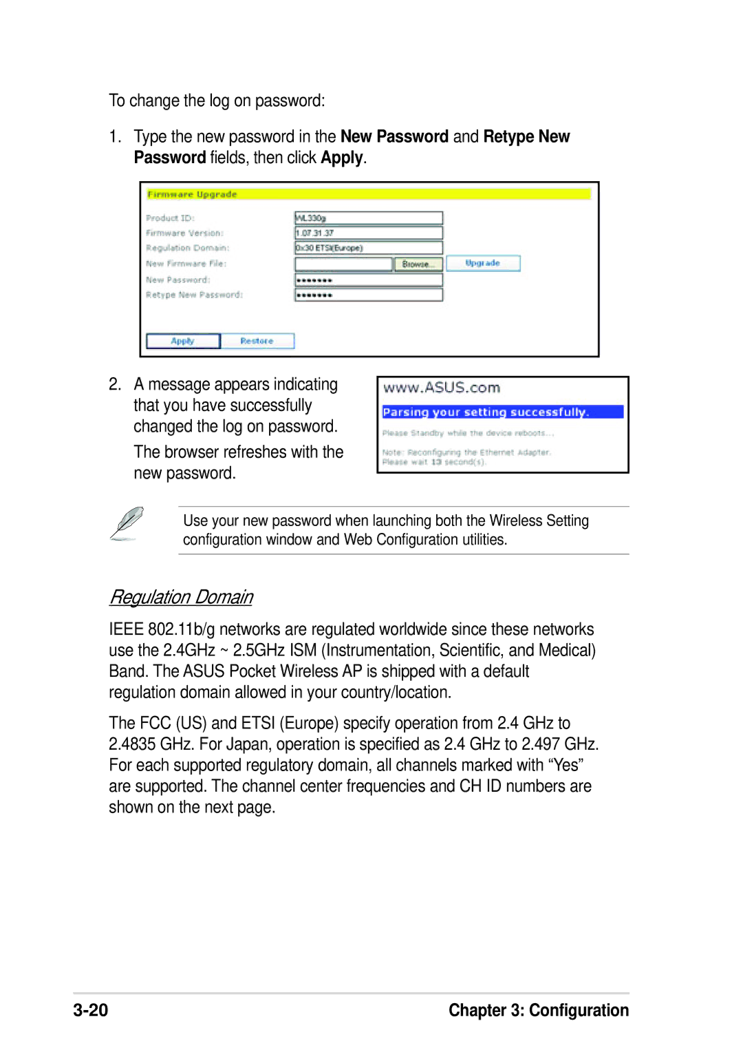 Asus WL-330G manual Regulation Domain, Browser refreshes with the new password 