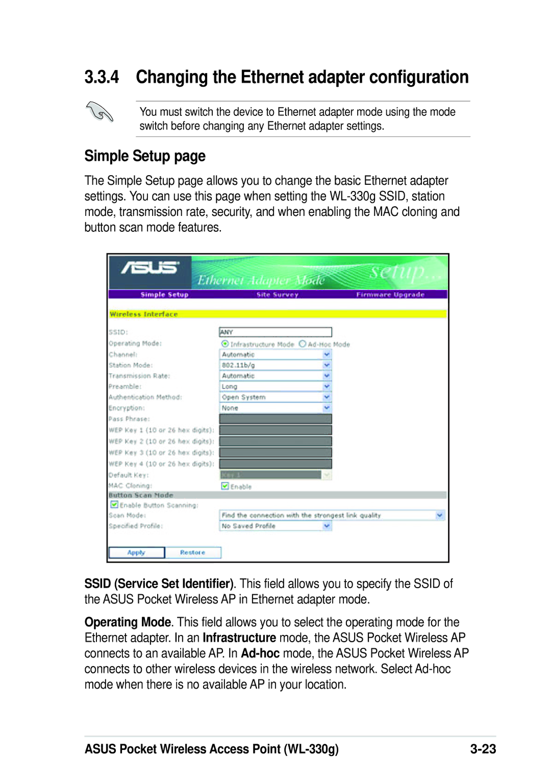 Asus WL-330G manual Changing the Ethernet adapter configuration, Simple Setup 