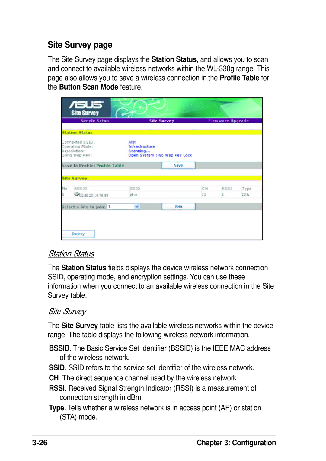 Asus WL-330G manual Site Survey, Station Status 