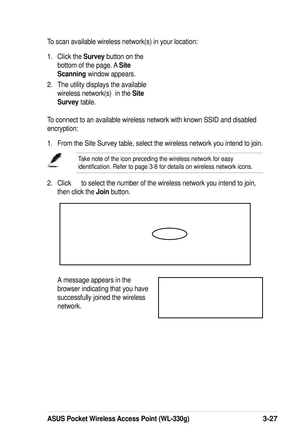 Asus WL-330G manual To scan available wireless networks in your location 