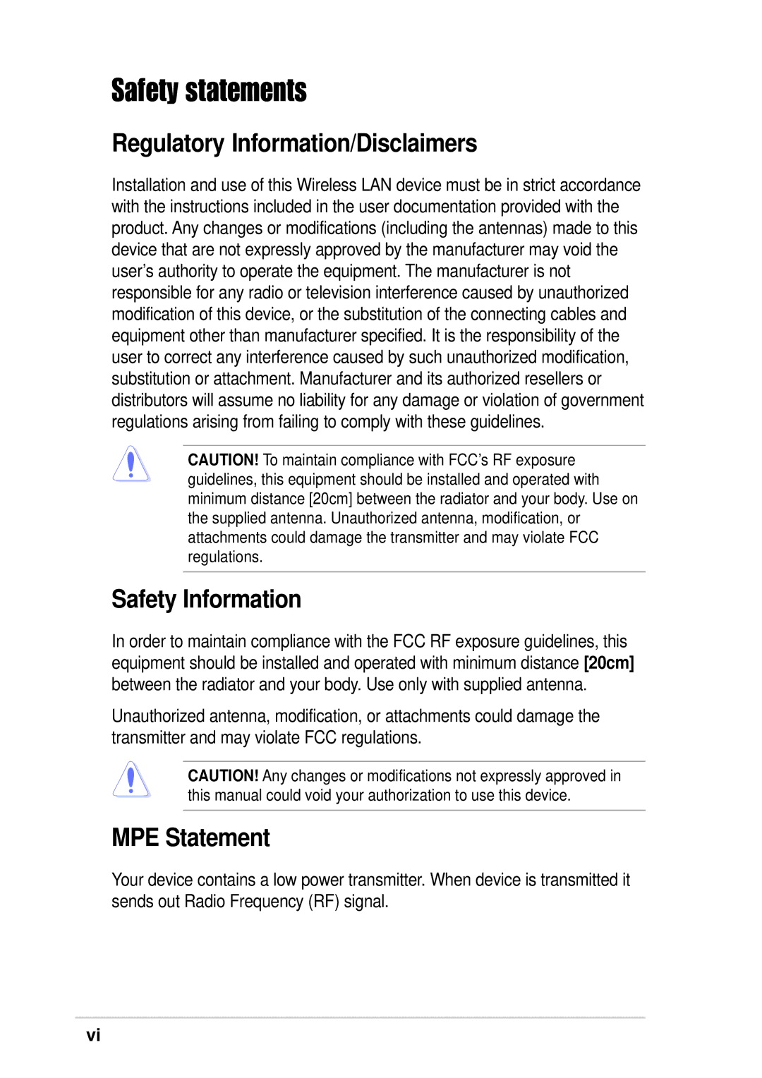 Asus WL-330G manual Safety statements, Regulatory Information/Disclaimers, Safety Information, MPE Statement 