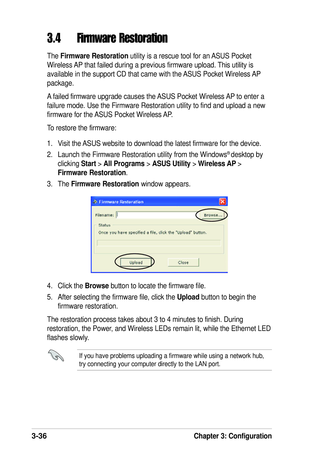 Asus WL-330G manual Firmware Restoration window appears 