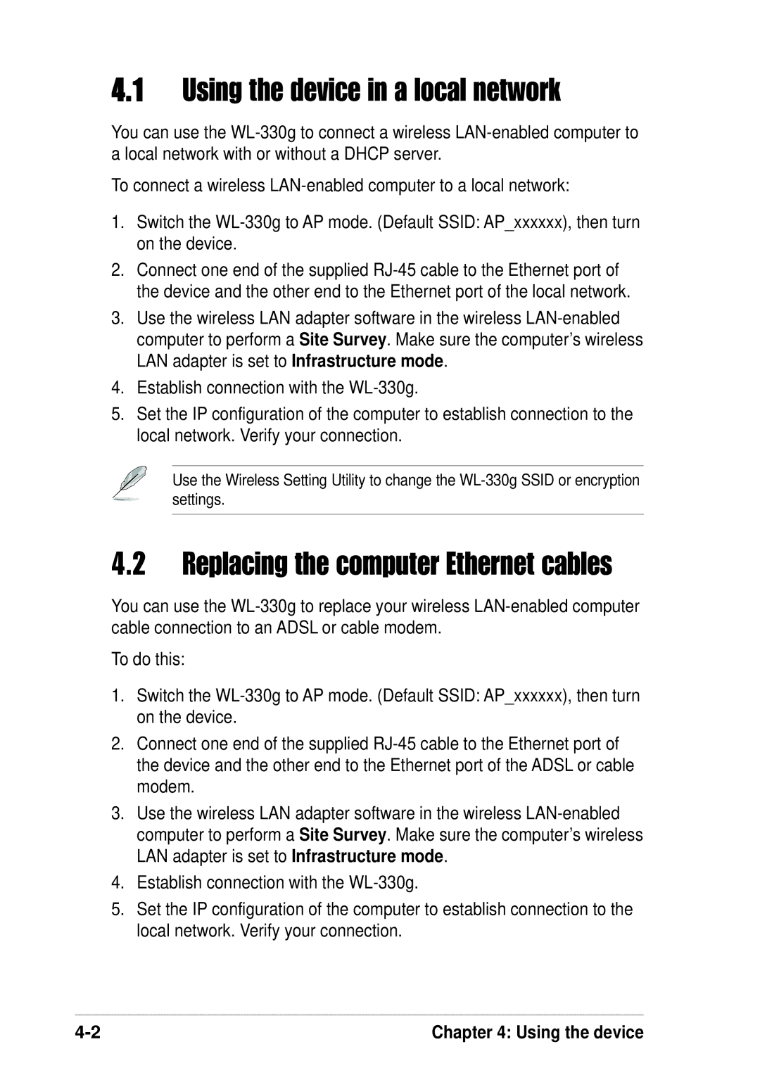 Asus WL-330G manual Using the device in a local network, Replacing the computer Ethernet cables 