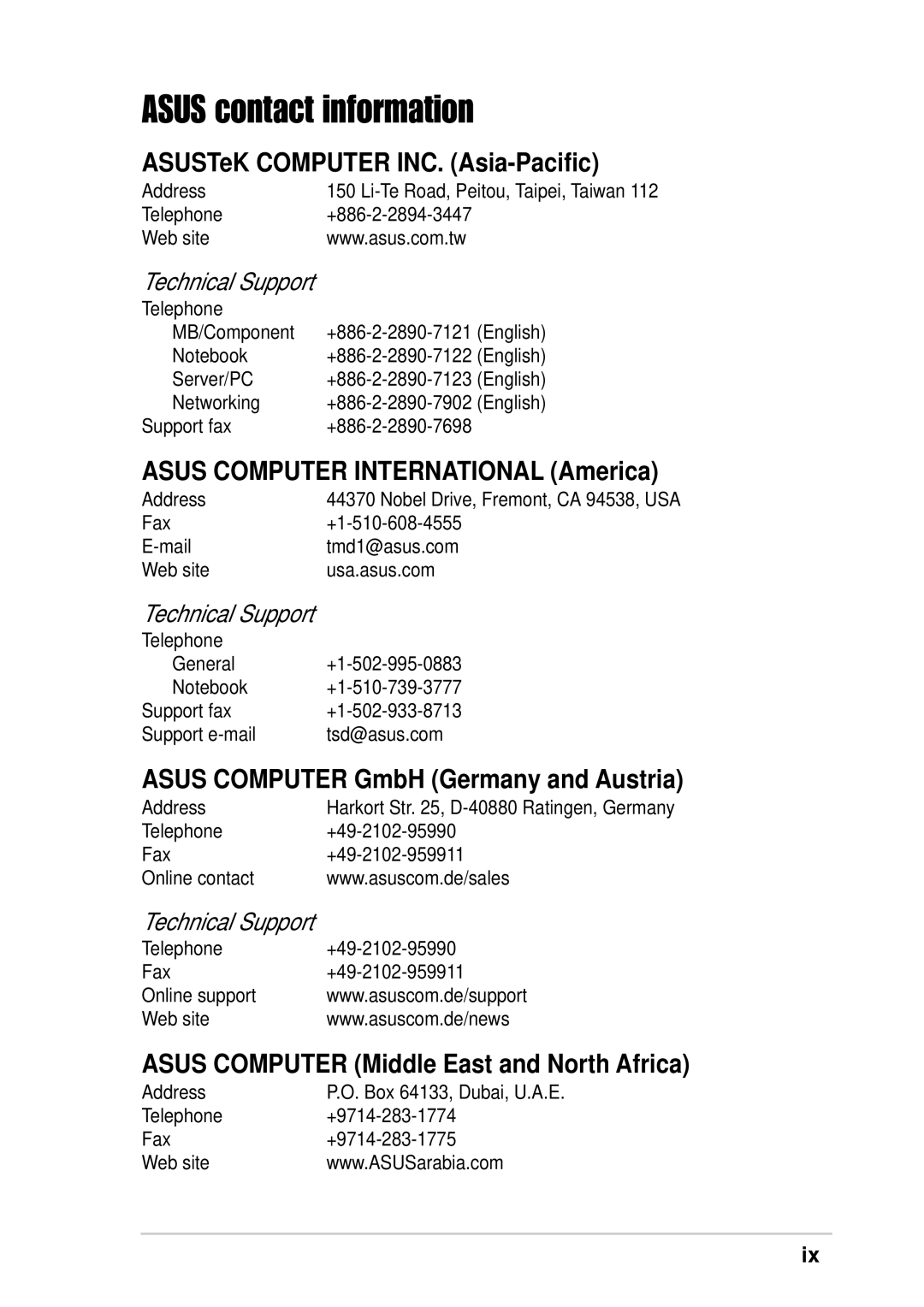 Asus WL-330G manual Asus contact information, ASUSTeK Computer INC. Asia-Pacific, Asus Computer International America 