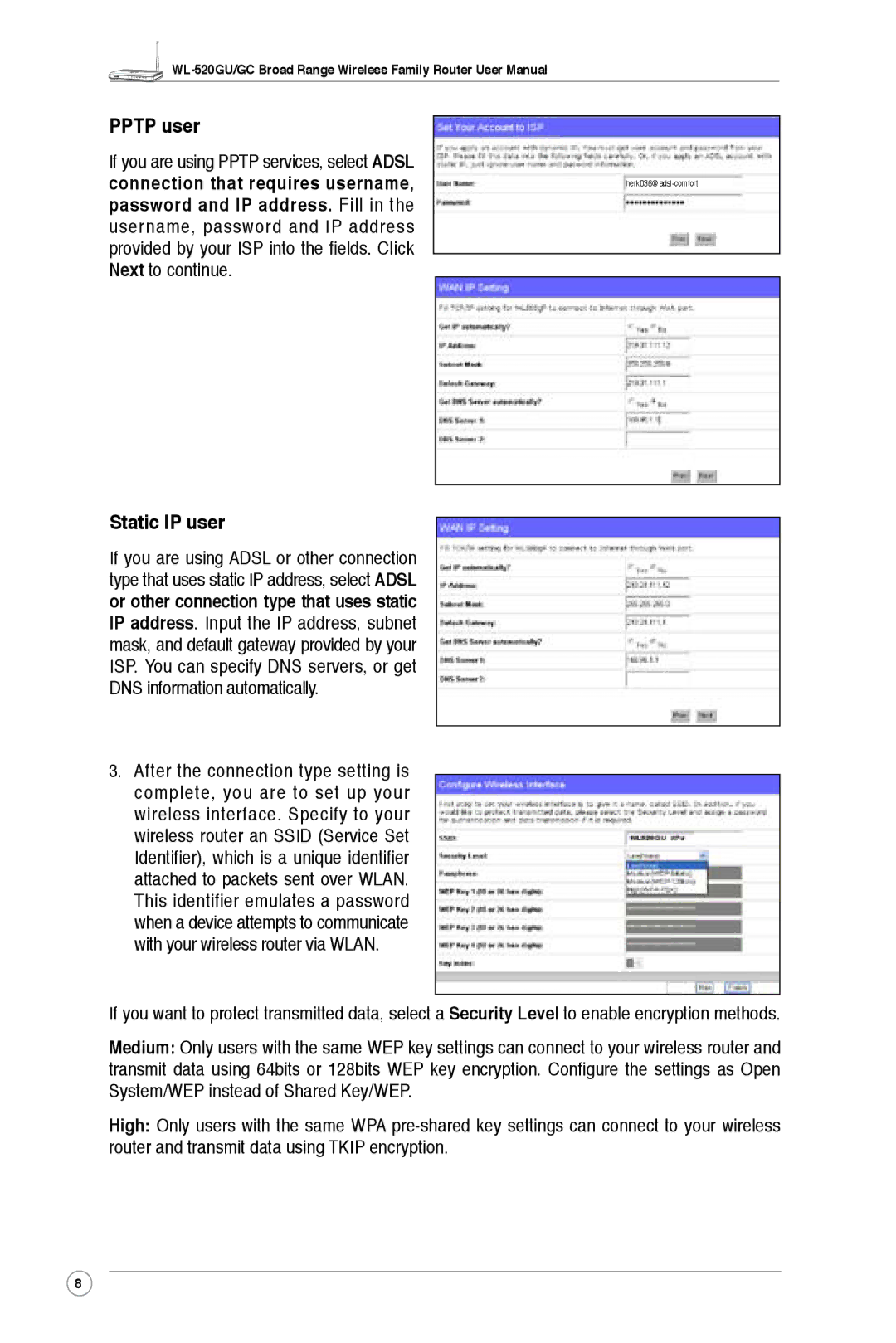 Asus WL-520GC, WL-520GU user manual Pptp user, Static IP user 