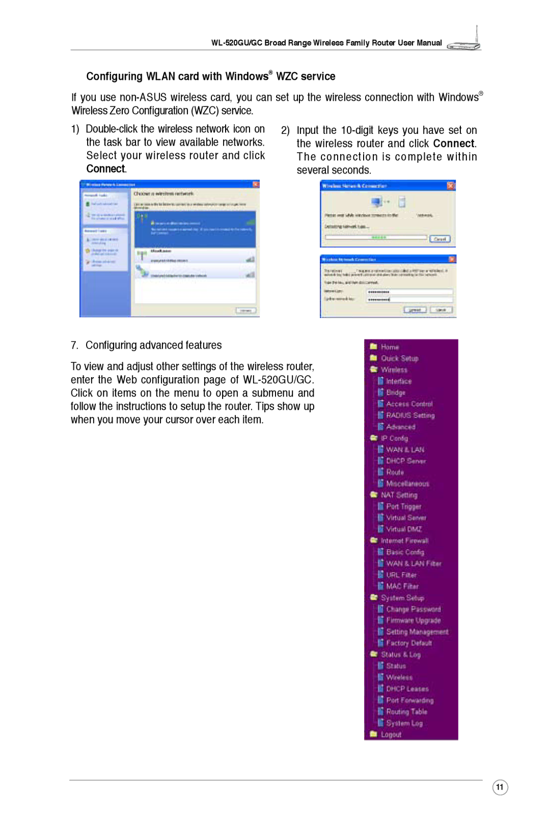 Asus WL-520GU, WL-520GC user manual Configuring Wlan card with Windows WZC service 