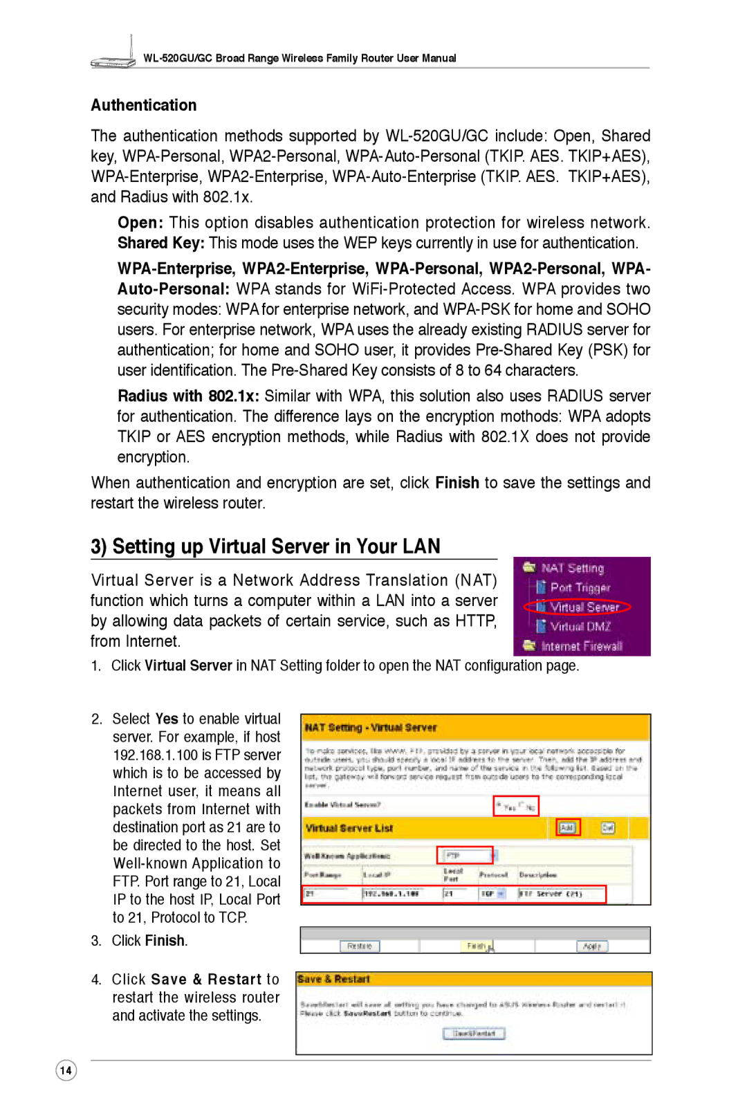 Asus WL-520GC, WL-520GU user manual Setting up Virtual Server in Your LAN, Authentication 