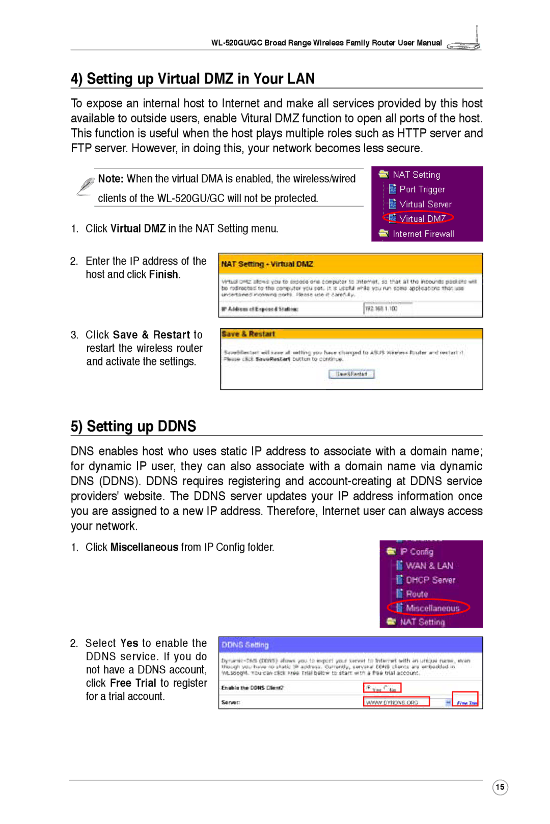 Asus WL-520GU, WL-520GC user manual Setting up Virtual DMZ in Your LAN, Setting up Ddns 