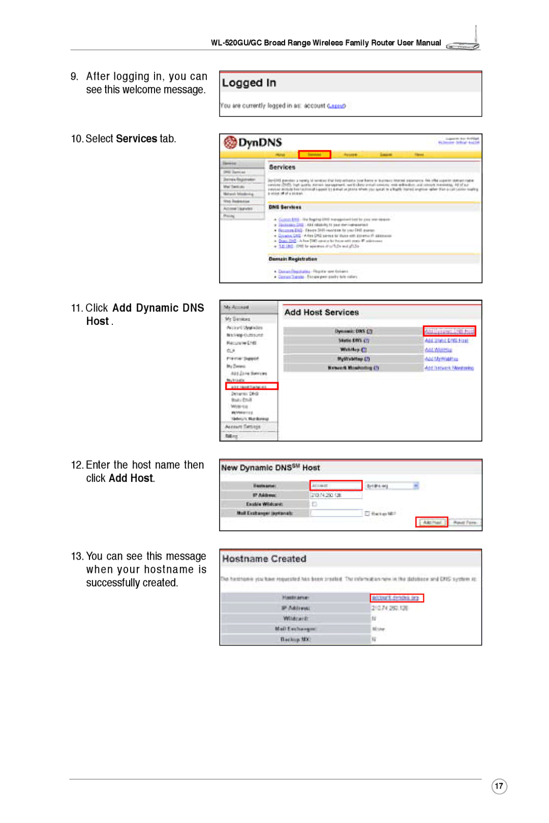 Asus WL-520GU, WL-520GC user manual Click Add Dynamic DNS Host, Enter the host name then click Add Host 