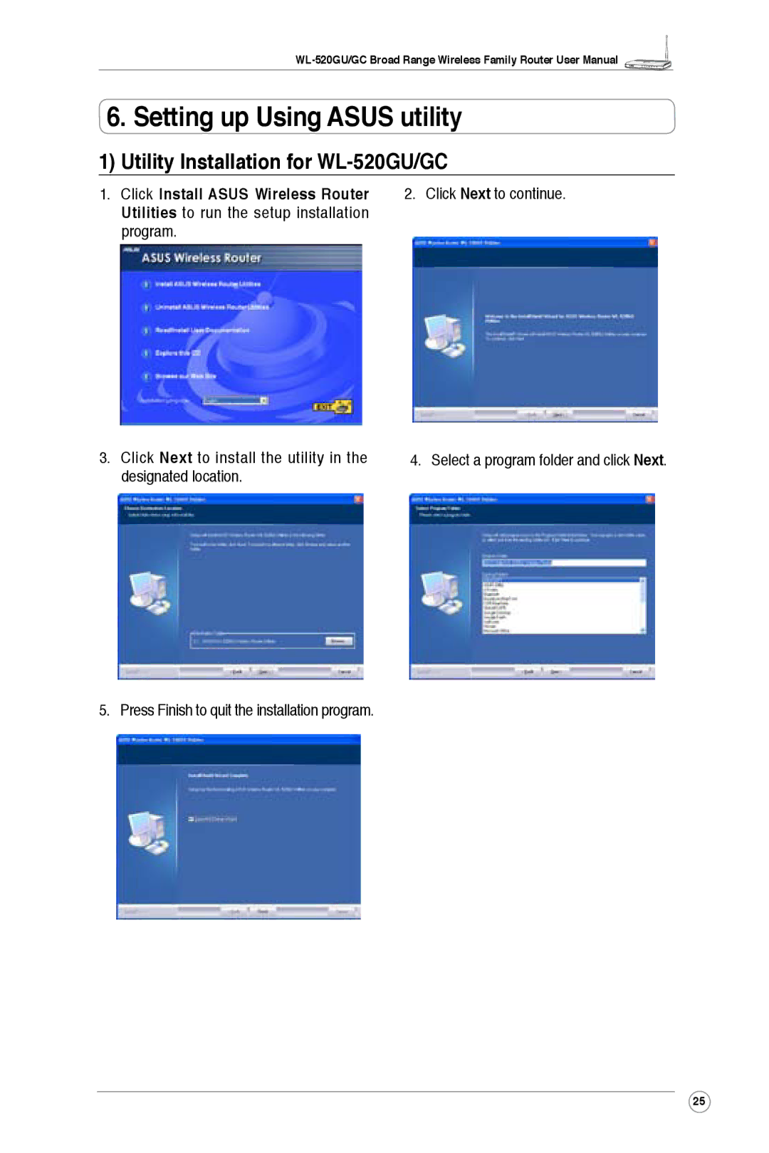 Asus WL-520GC user manual Setting up Using Asus utility, Utility Installation for WL-520GU/GC 