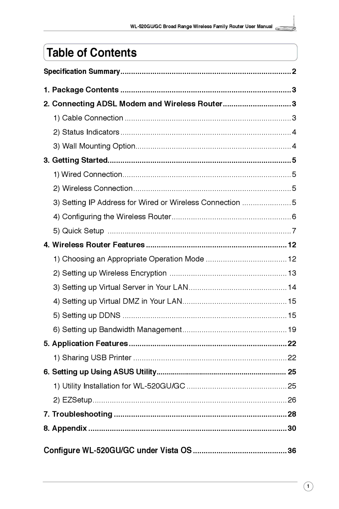 Asus WL-520GU, WL-520GC user manual Table of Contents 