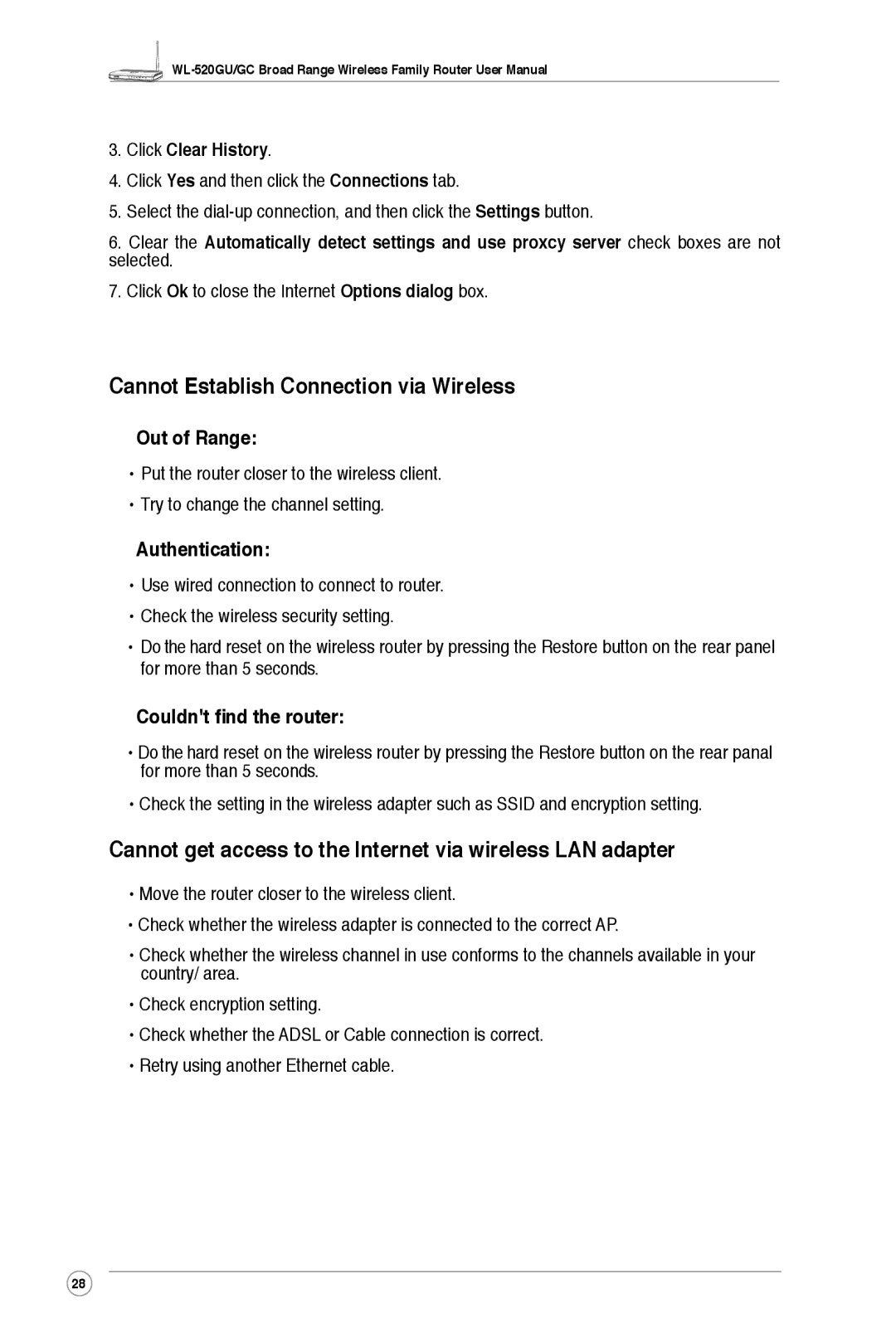 Asus WL-520GC Cannot Establish Connection via Wireless, Cannot get access to the Internet via wireless LAN adapter 