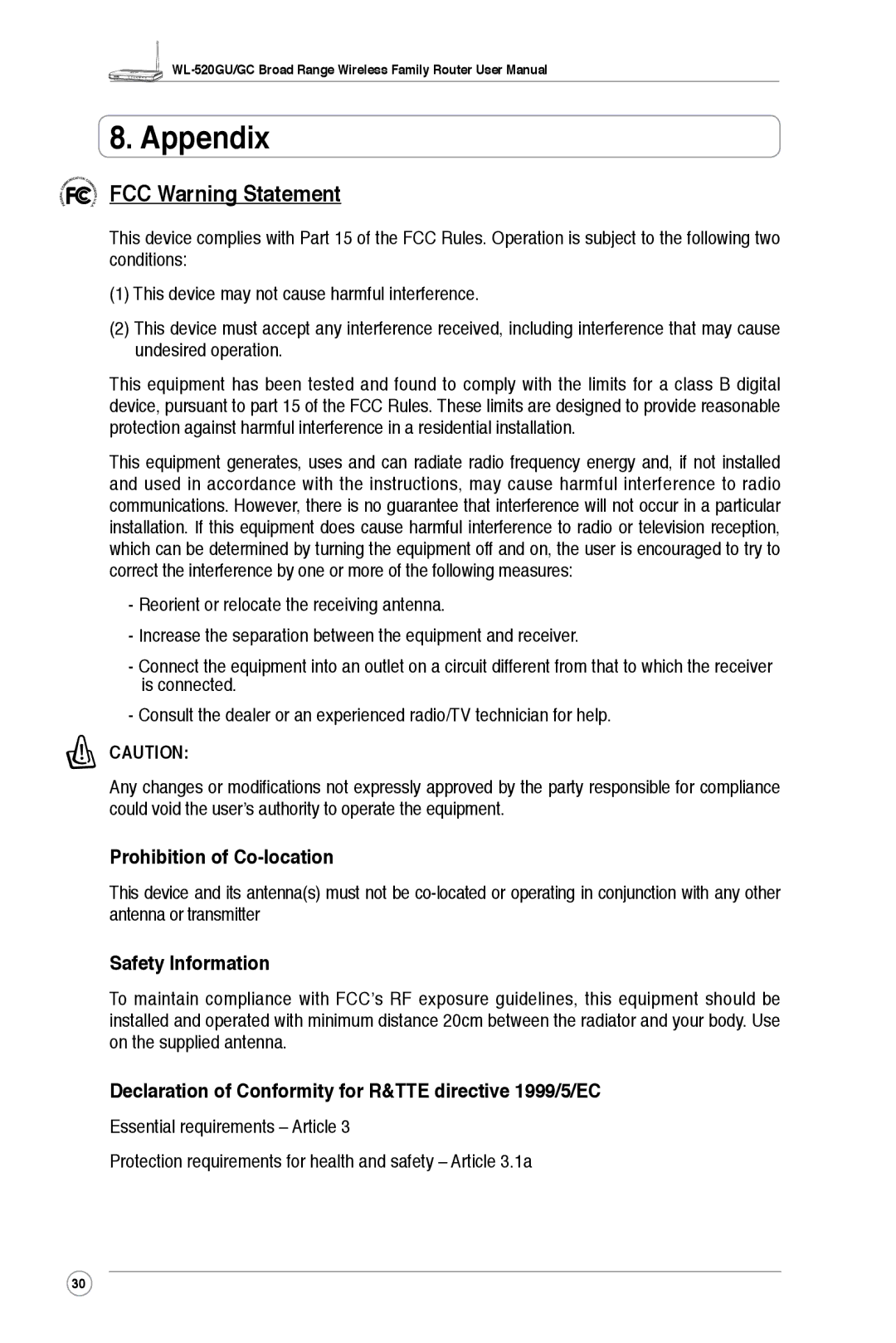 Asus WL-520GC, WL-520GU user manual Appendix, FCC Warning Statement, Prohibition of Co-location, Safety Information 