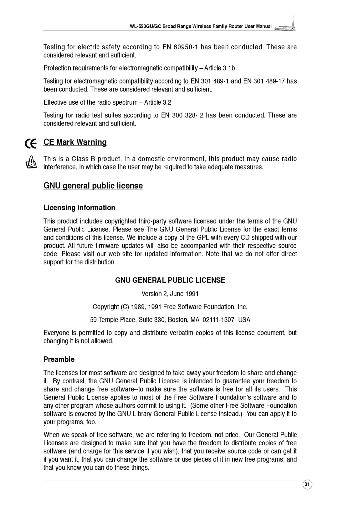 Asus WL-520GU, WL-520GC user manual CE Mark Warning, GNU general public license, Licensing information, Preamble 