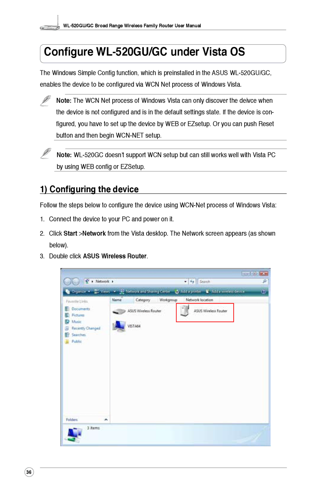 Asus WL-520GC user manual Configure WL-520GU/GC under Vista OS, Configuring the device, Double click Asus Wireless Router 