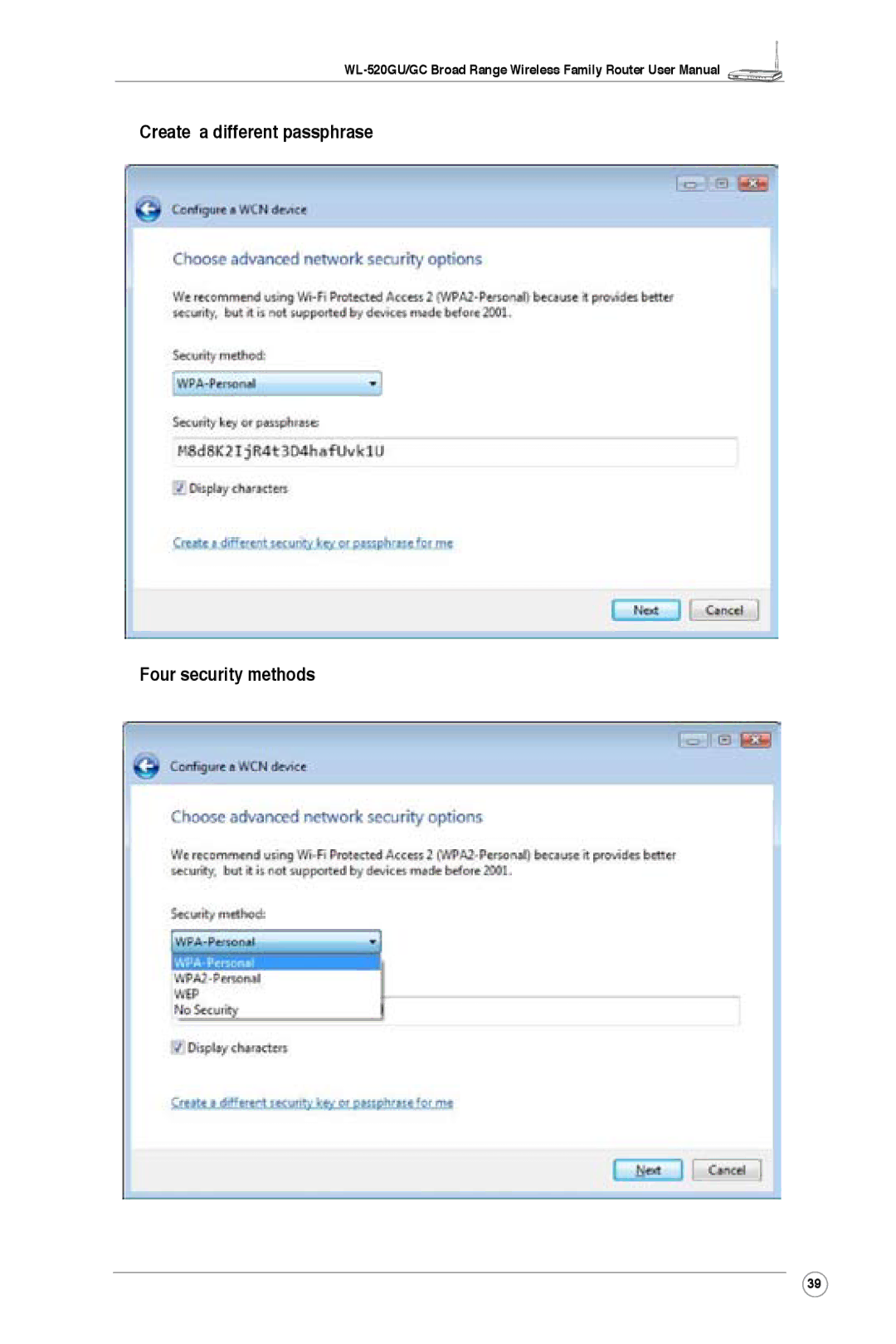 Asus WL-520GU, WL-520GC user manual Create a different passphrase Four security methods 