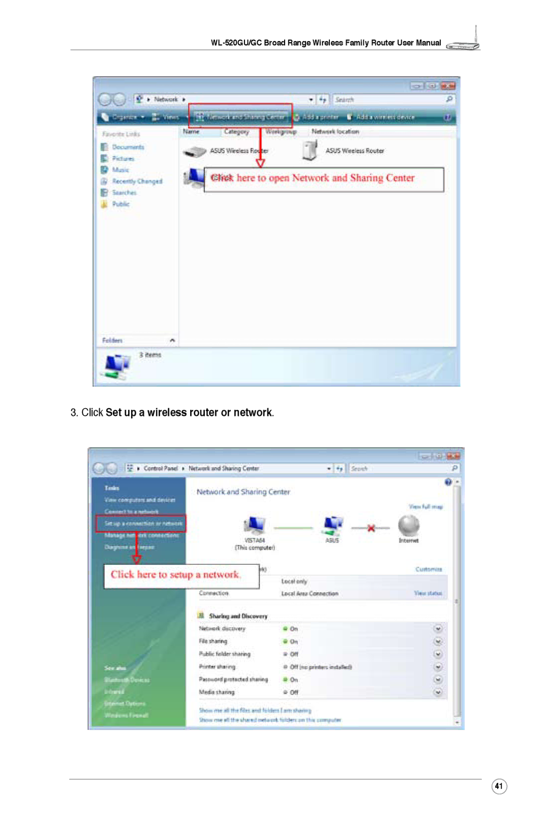 Asus WL-520GU, WL-520GC user manual Click Set up a wireless router or network 