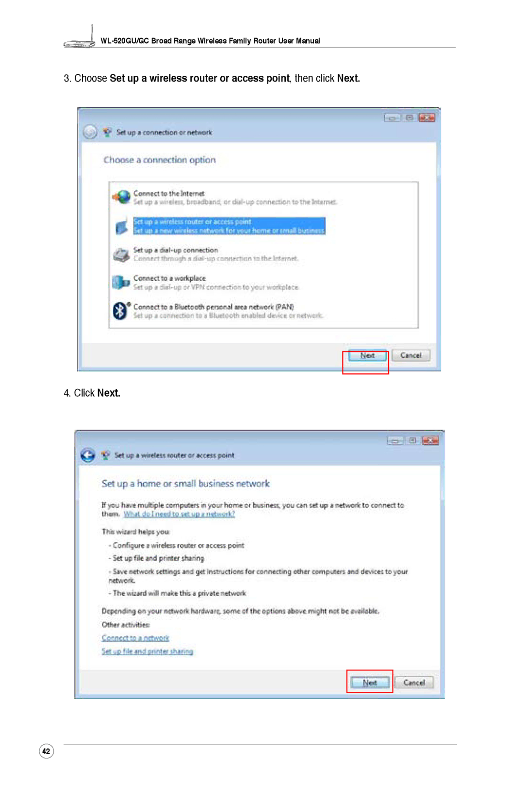 Asus WL-520GC, WL-520GU user manual Click Next 