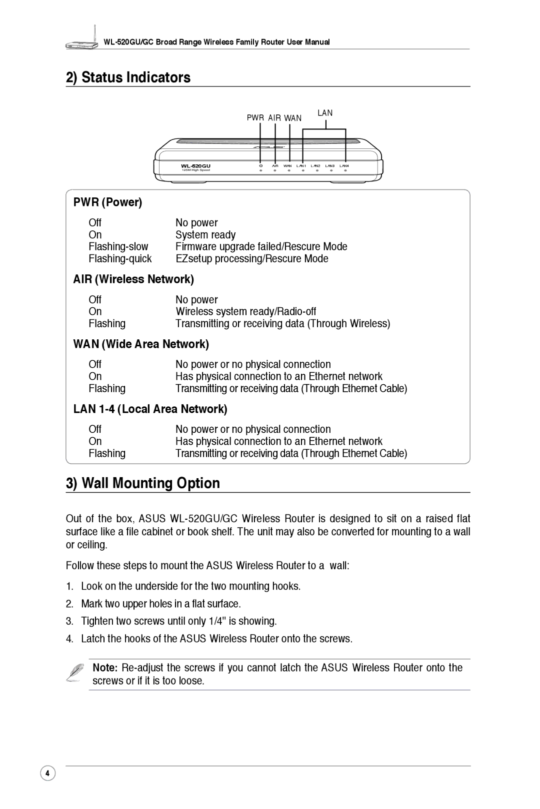 Asus WL-520GC, WL-520GU user manual Status Indicators, Wall Mounting Option 