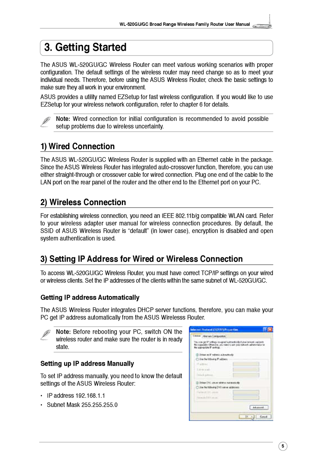 Asus WL-520GU Getting Started, Wired Connection, Getting IP address Automatically, Setting up IP address Manually 