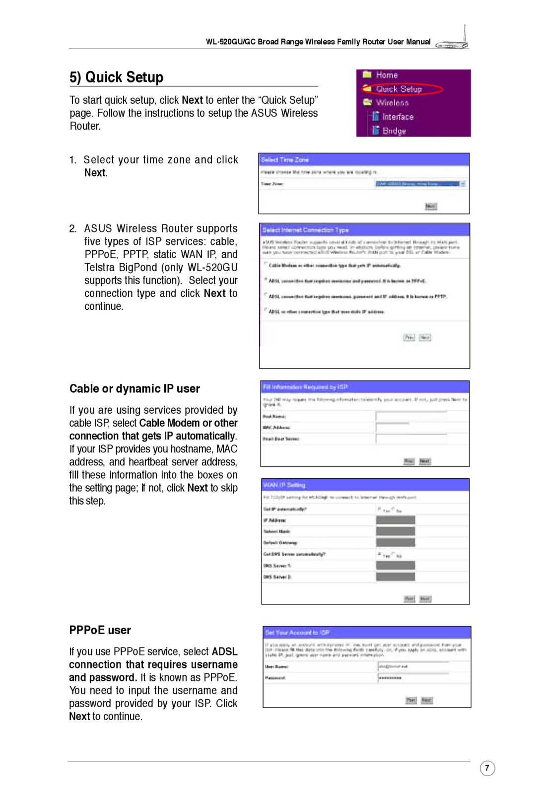 Asus WL-520GU, WL-520GC user manual Quick Setup, Cable or dynamic IP user, PPPoE user 