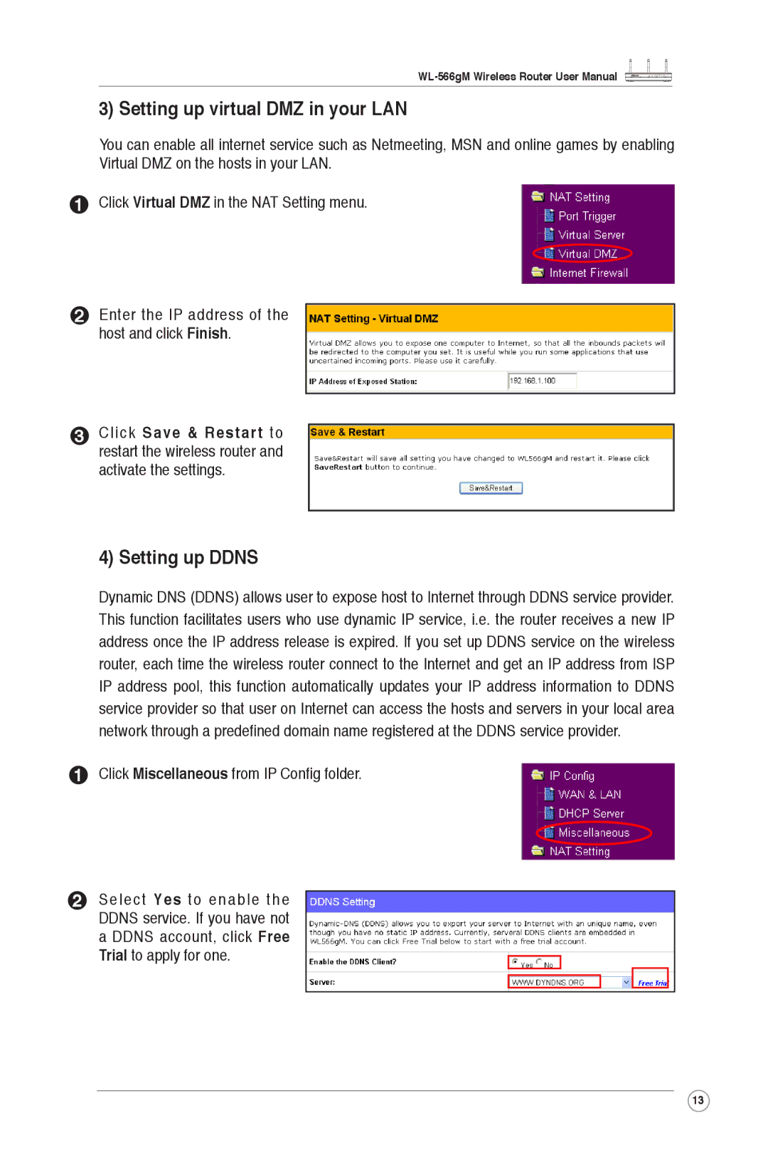 Asus WL-566gM user manual Setting up virtual DMZ in your LAN, Setting up Ddns 