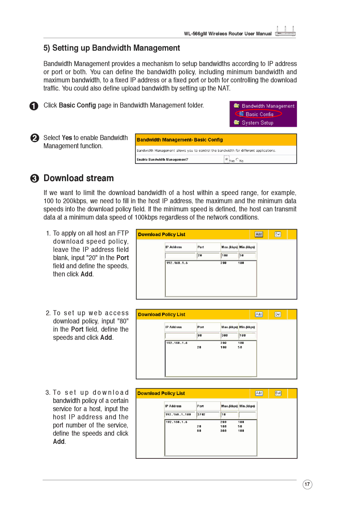 Asus WL-566gM user manual Download stream, Setting up Bandwidth Management 