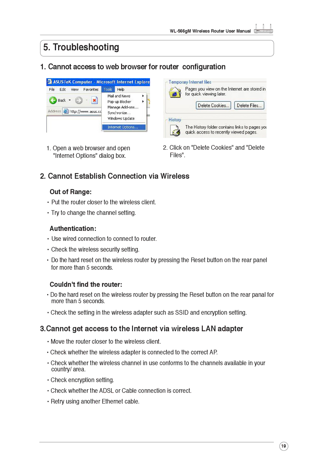 Asus WL-566gM user manual Troubleshooting, Cannot access to web browser for router conﬁguration 