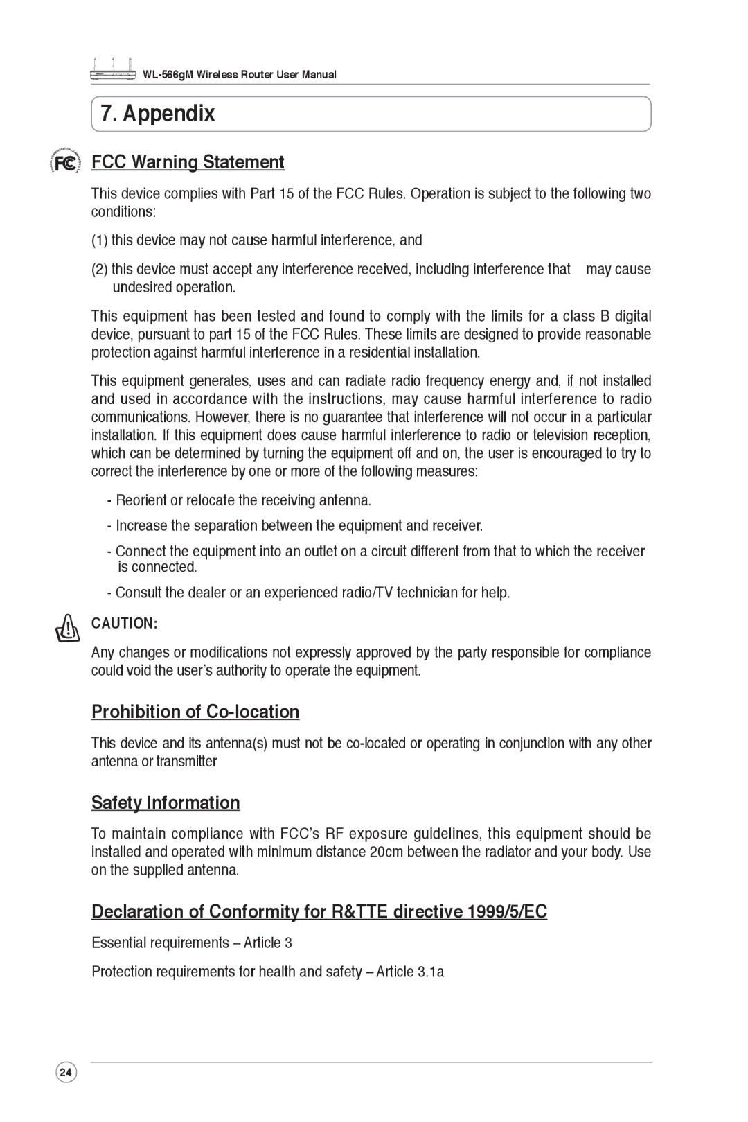 Asus WL-566gM user manual Appendix, FCC Warning Statement, Prohibition of Co-location, Safety Information 