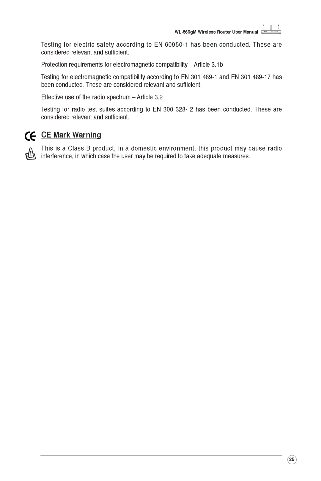 Asus WL-566gM user manual CE Mark Warning 