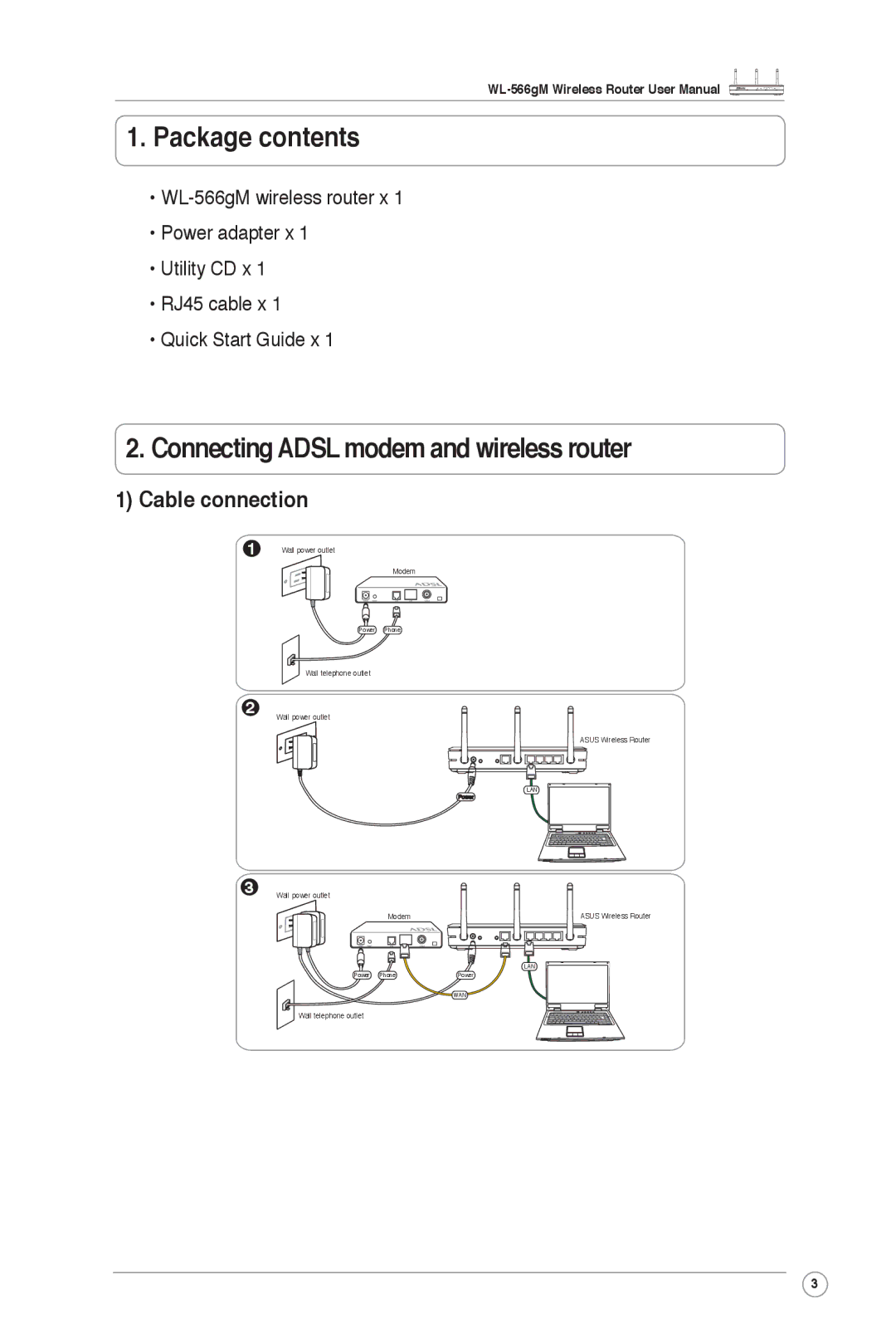 Asus WL-566gM user manual Package contents, Connecting Adsl modem and wireless router, Cable connection 