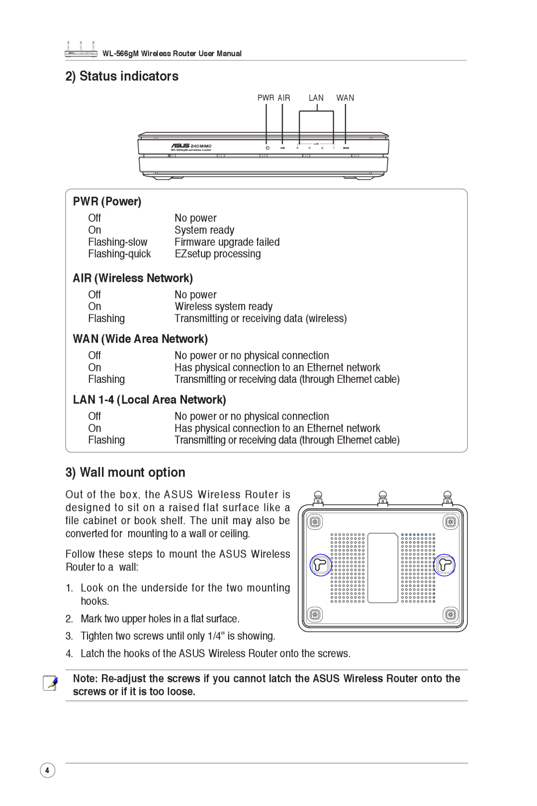 Asus WL-566gM user manual Status indicators, Wall mount option 