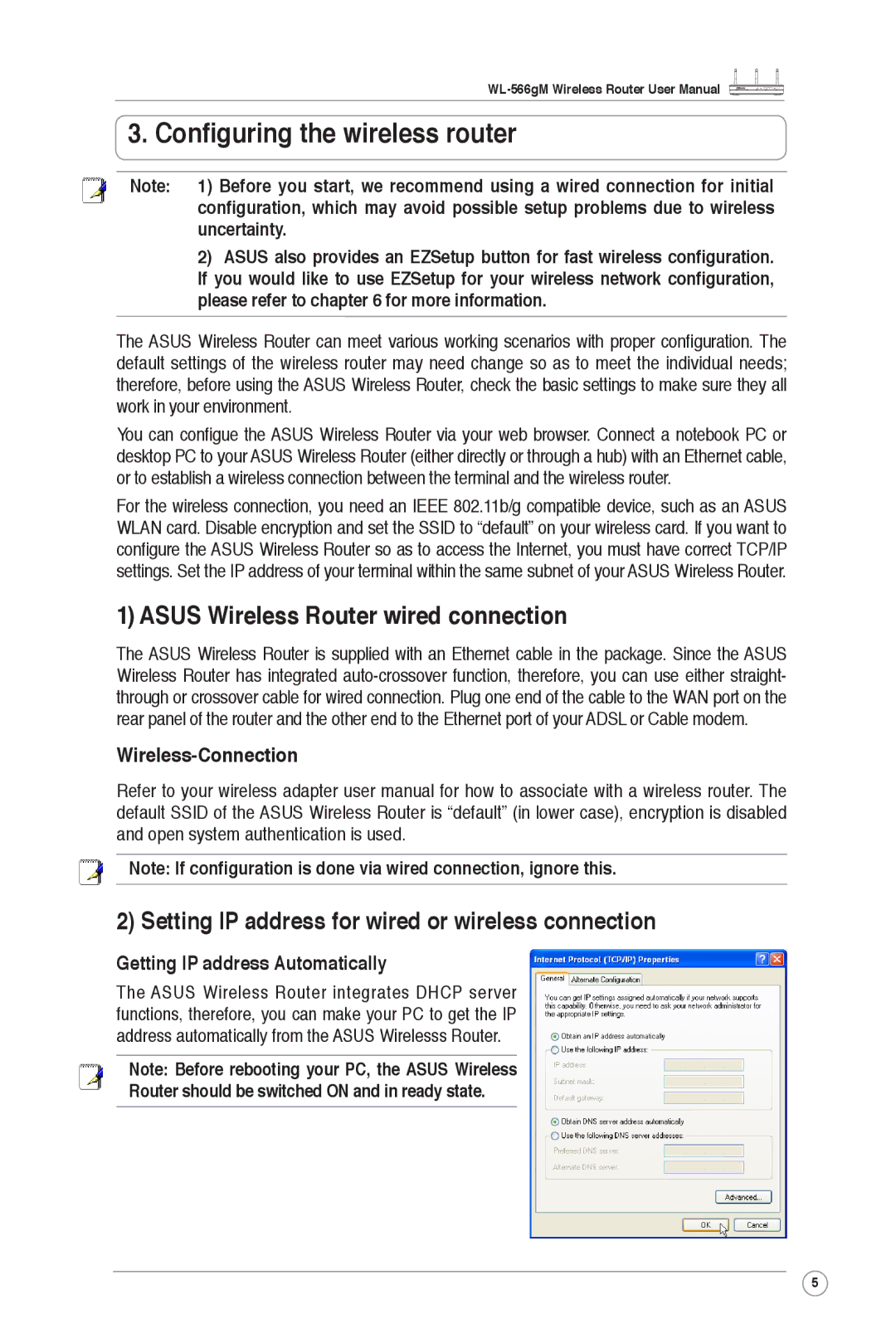 Asus WL-566gM user manual Conﬁguring the wireless router, Asus Wireless Router wired connection, Wireless-Connection 