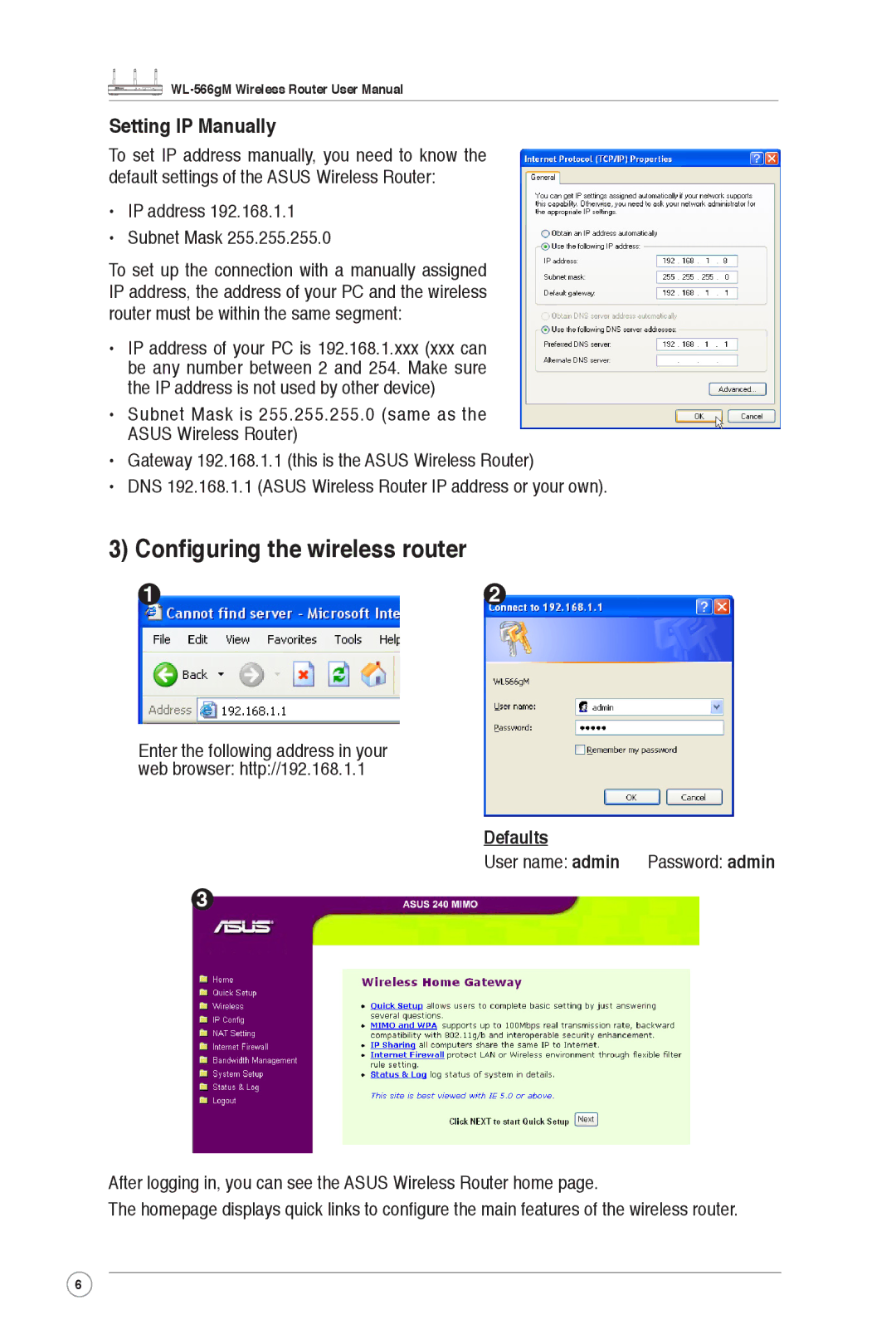 Asus WL-566gM user manual Conﬁguring the wireless router, Setting IP Manually 