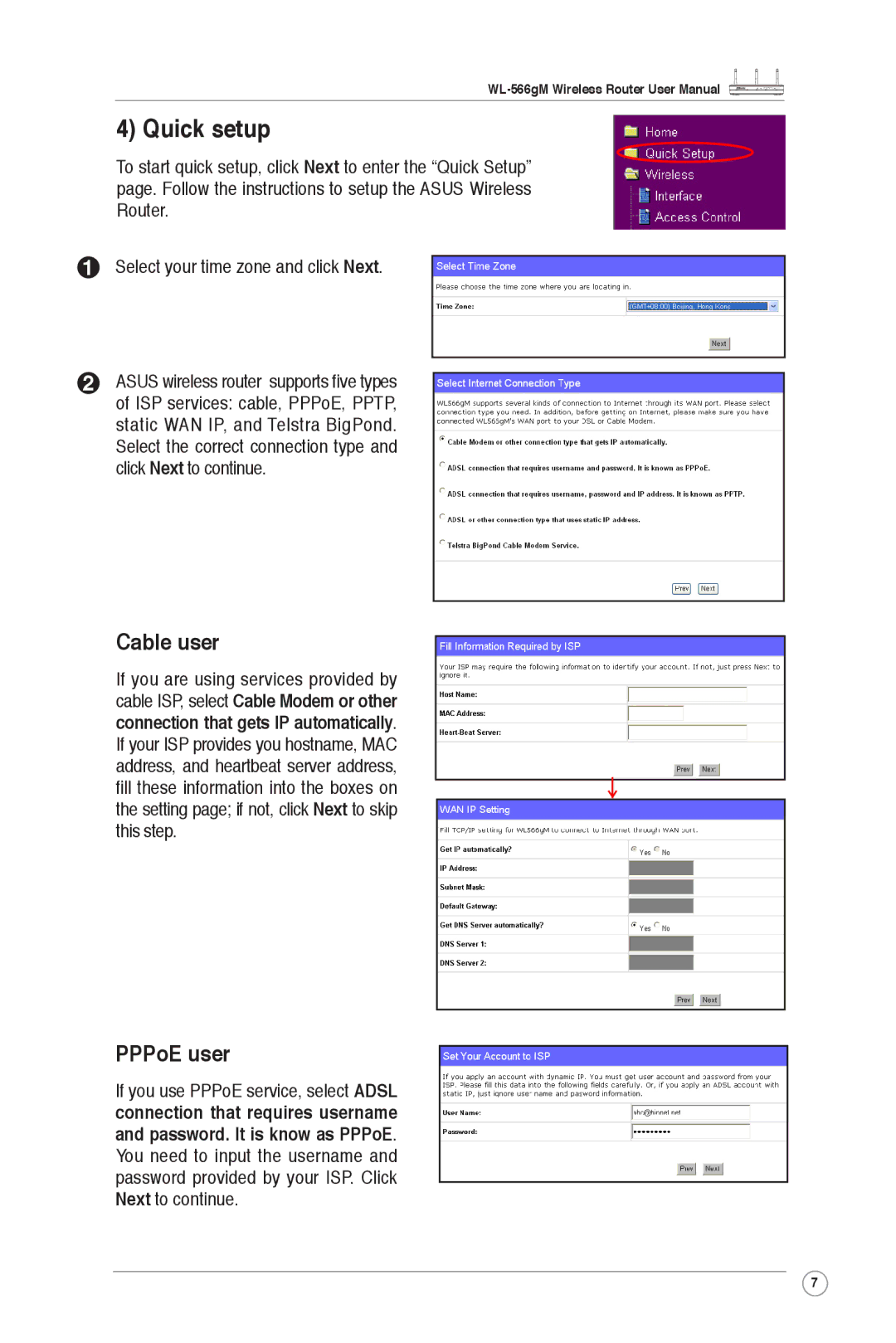 Asus WL-566gM user manual Quick setup, Cable user, PPPoE user 