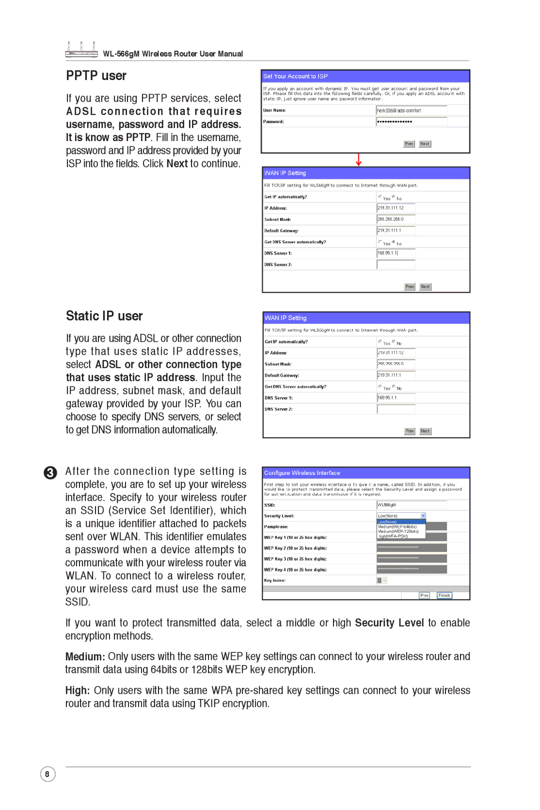 Asus WL-566gM user manual Pptp user, Static IP user 