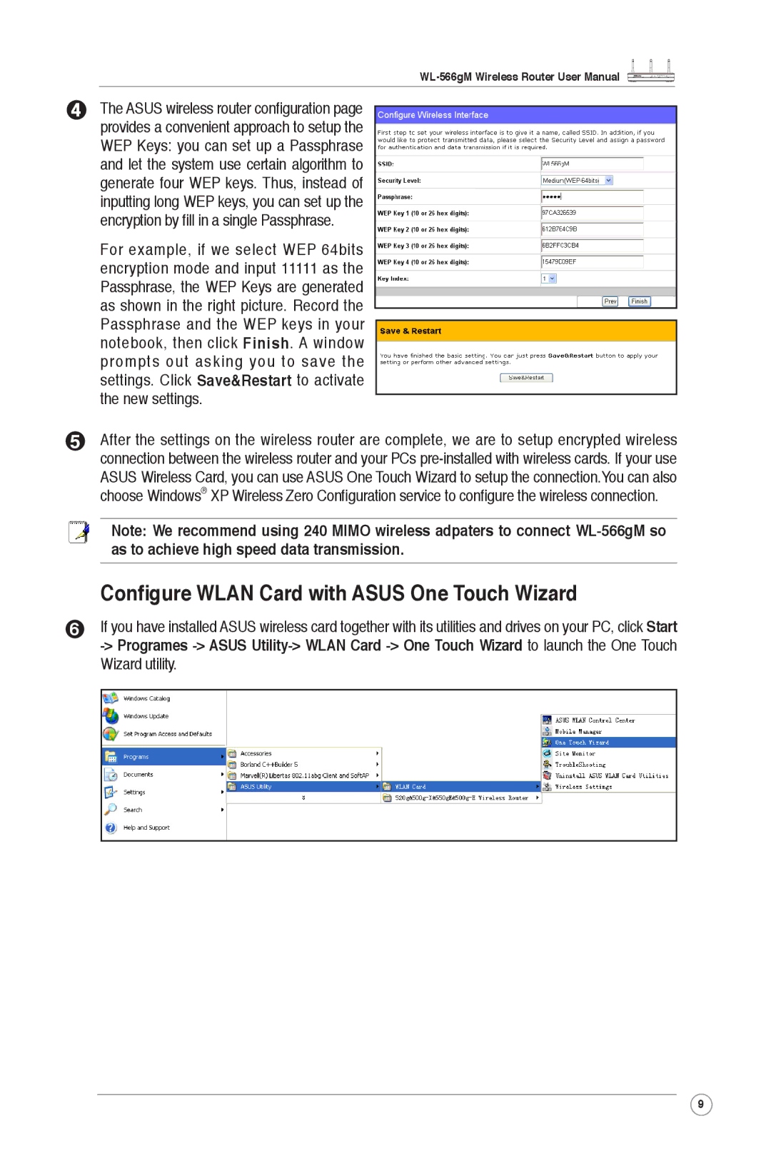 Asus WL-566gM user manual Conﬁgure Wlan Card with Asus One Touch Wizard 