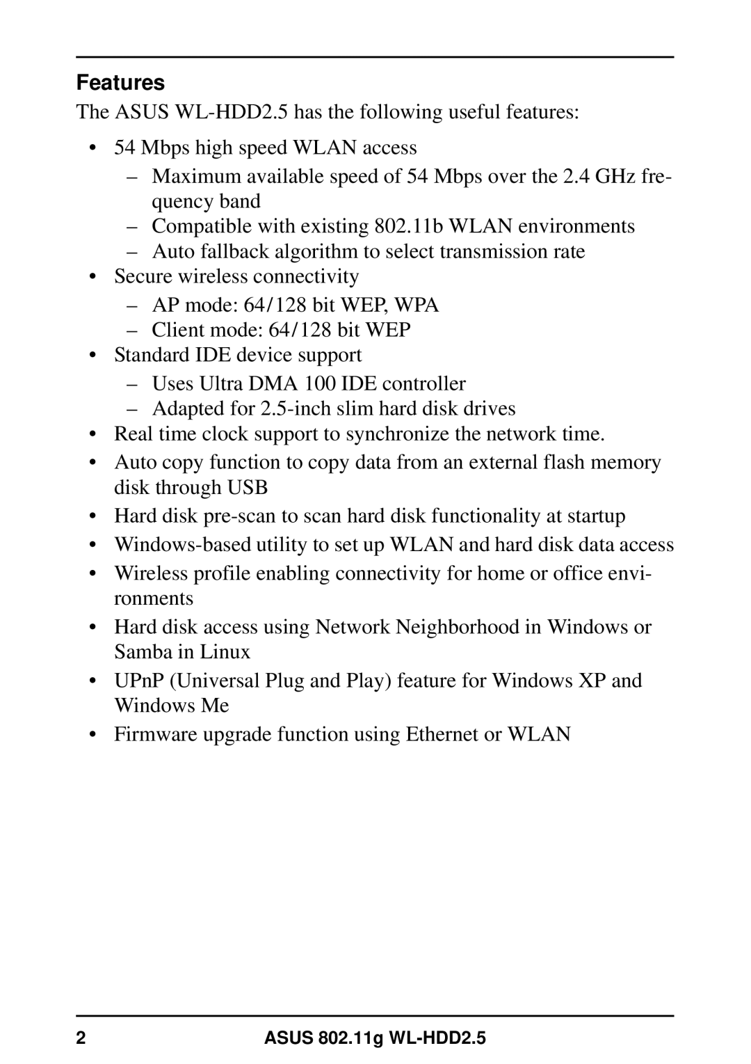 Asus WL-HDD2.5 user manual Features 