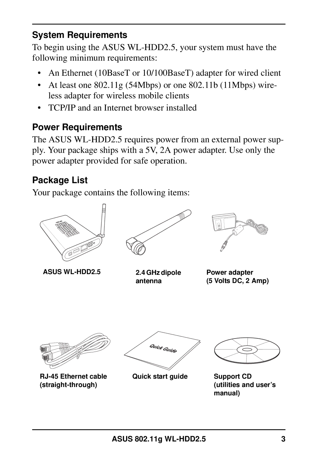 Asus WL-HDD2.5 user manual System Requirements, Power Requirements, Package List 