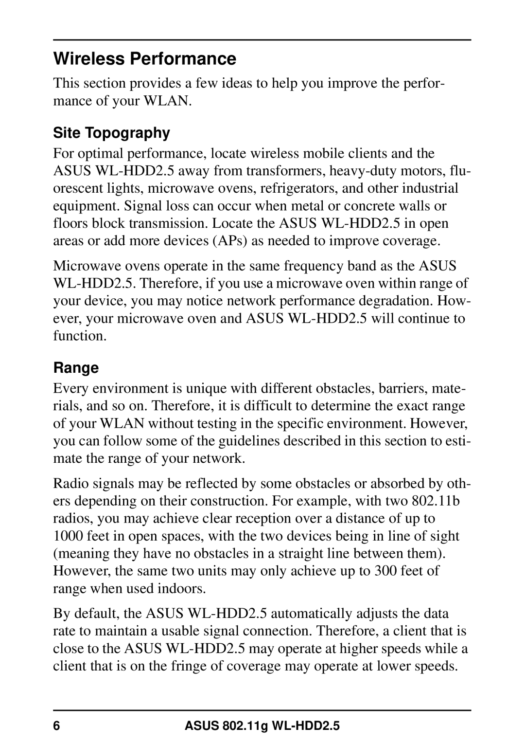 Asus WL-HDD2.5 user manual Wireless Performance, Site Topography, Range 