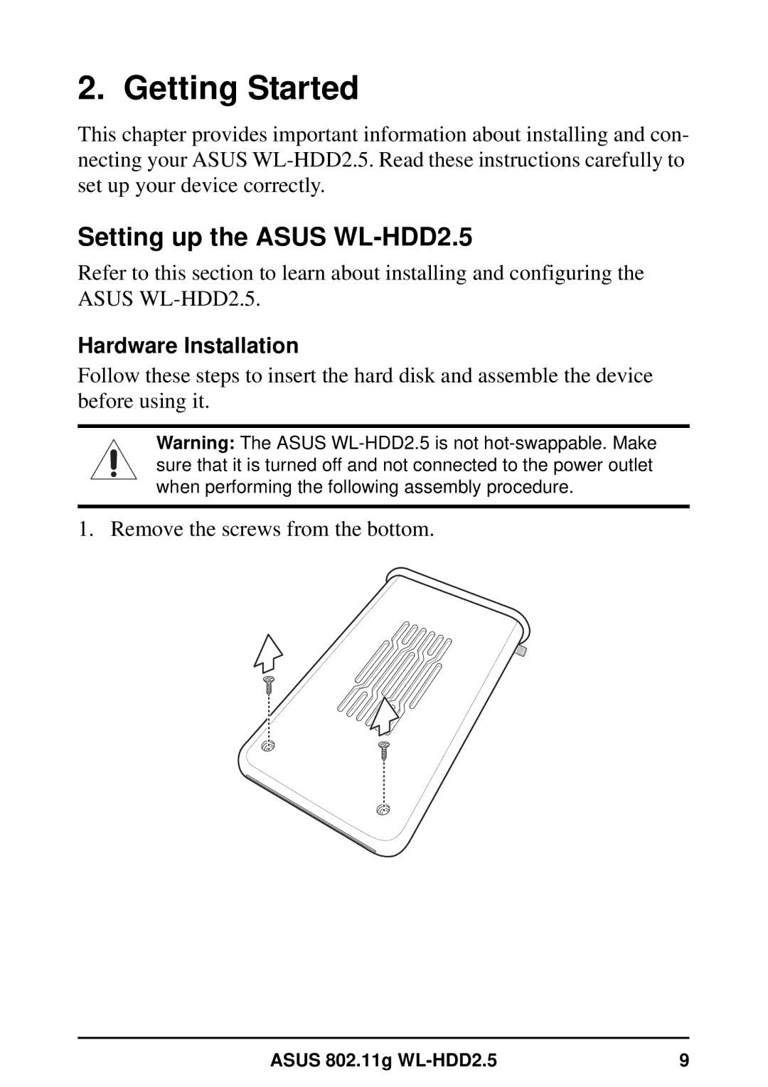 Asus user manual Setting up the Asus WL-HDD2.5, Hardware Installation 